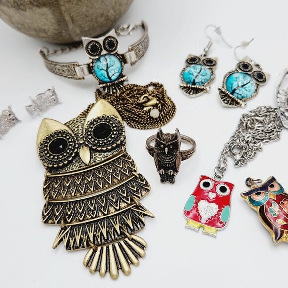 Owl Lover Hoot Bird Jewelry Necklace Earring Bracelet Collection 8 pc Lot - Picture 2 of 4